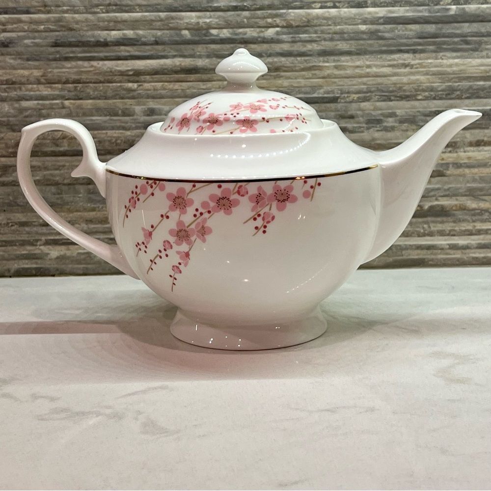 Teavana Sakura Cherry Blossom Holly Bone China 24 KT Filigree Tea Kettle 43 oz - Picture 2 of 16